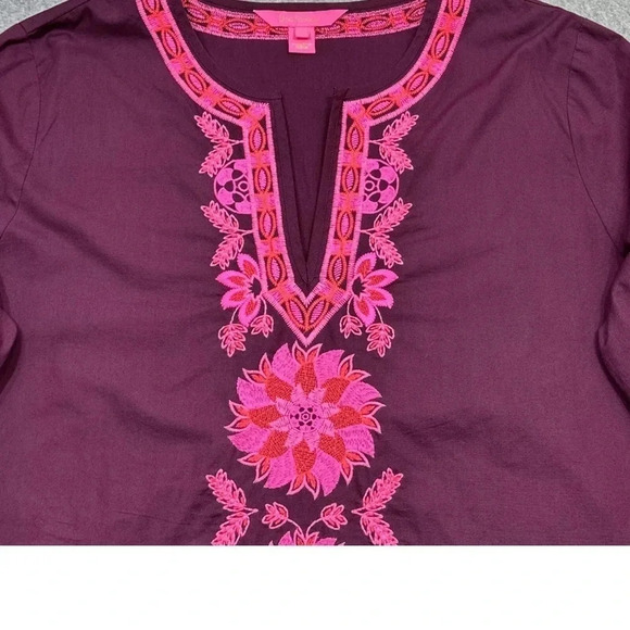 Lilly Pulitzer Coretta Tunic Top Women Medium Maroon Wine Pink Embroidered M - Picture 4 of 8